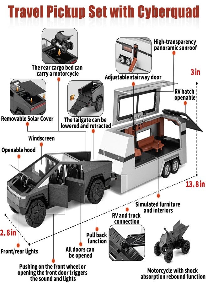 SKYBUCKET 1:32 Die-Cast Pickup Truck with RV Motorcycle toyruck and Trailer with Lights, Sound Pull-Back Action for Boys Ages 4-7 (Grey) - Image 2
